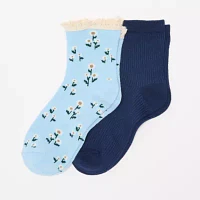 Arizona Floral And Waffle 2 Pair Crew Socks Womens