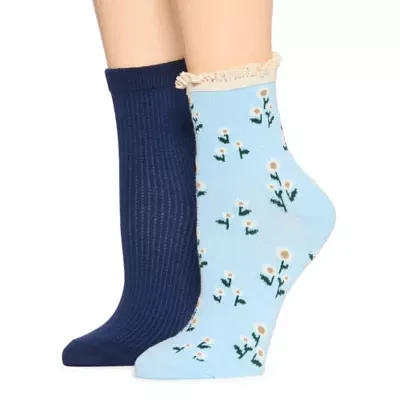 Arizona Floral And Waffle 2 Pair Crew Socks Womens