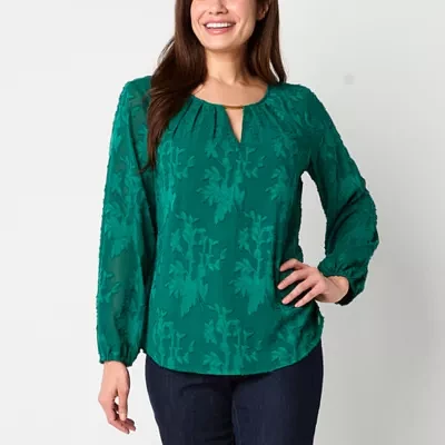 Liz Claiborne Womens Keyhole Neck Long Sleeve Blouse