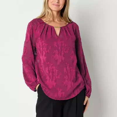 Liz Claiborne Womens Keyhole Neck Long Sleeve Blouse