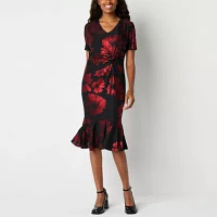 Liz Claiborne Womens Short Sleeve Floral Midi Fit + Flare Dress