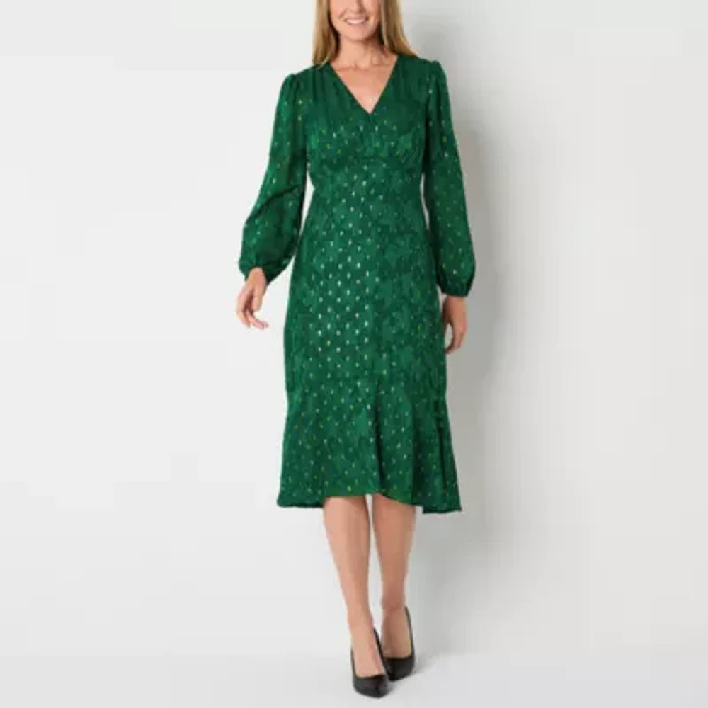 Liz Claiborne Womens Long Sleeve Midi Empire Waist Dress