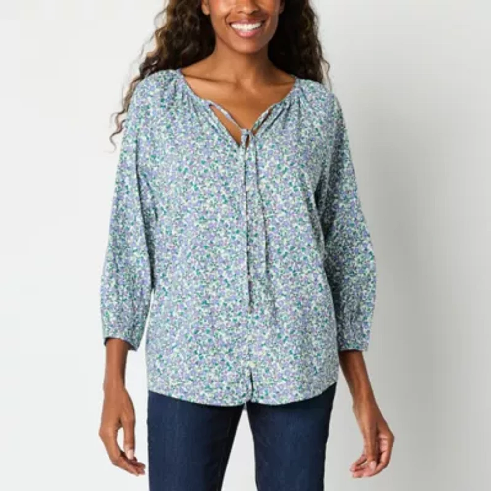 St. John's Bay Womens Split Crew Neck 3/4 Sleeve Blouse