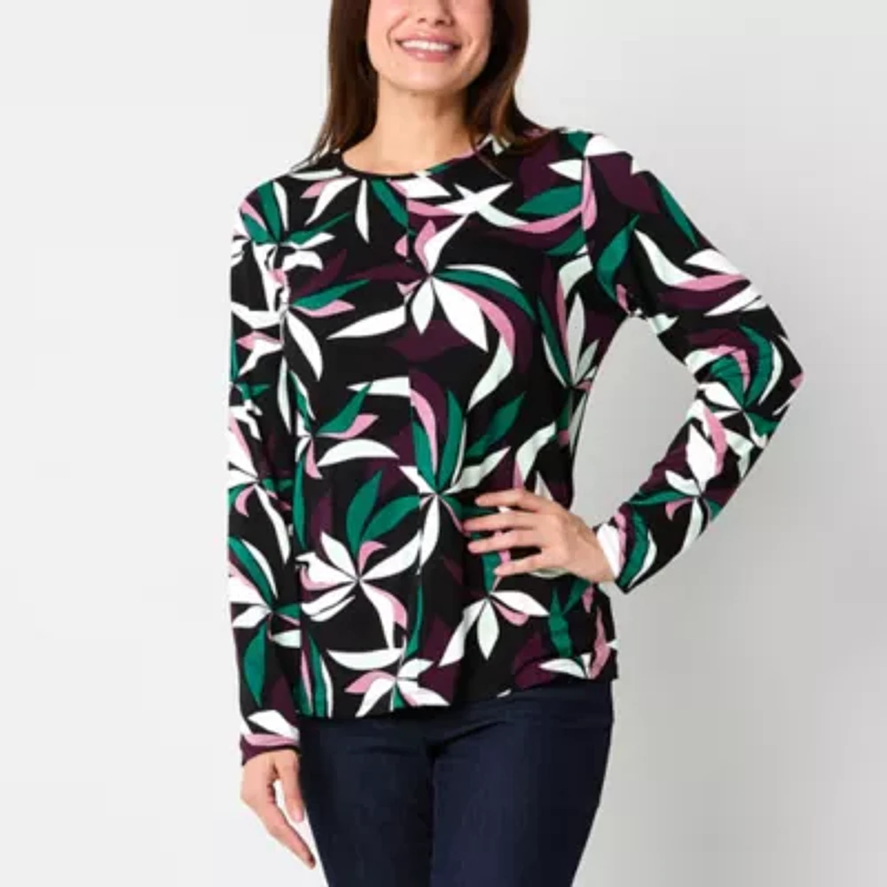 Liz Claiborne Womens Crew Neck Long Sleeve Blouse