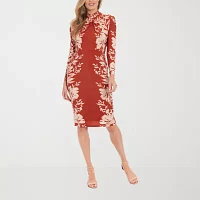 Clover And Sloane Womens Long Sleeve Floral Midi Sheath Dress