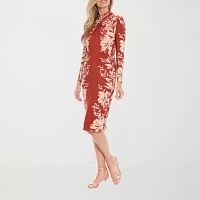 Clover And Sloane Womens Long Sleeve Floral Midi Sheath Dress