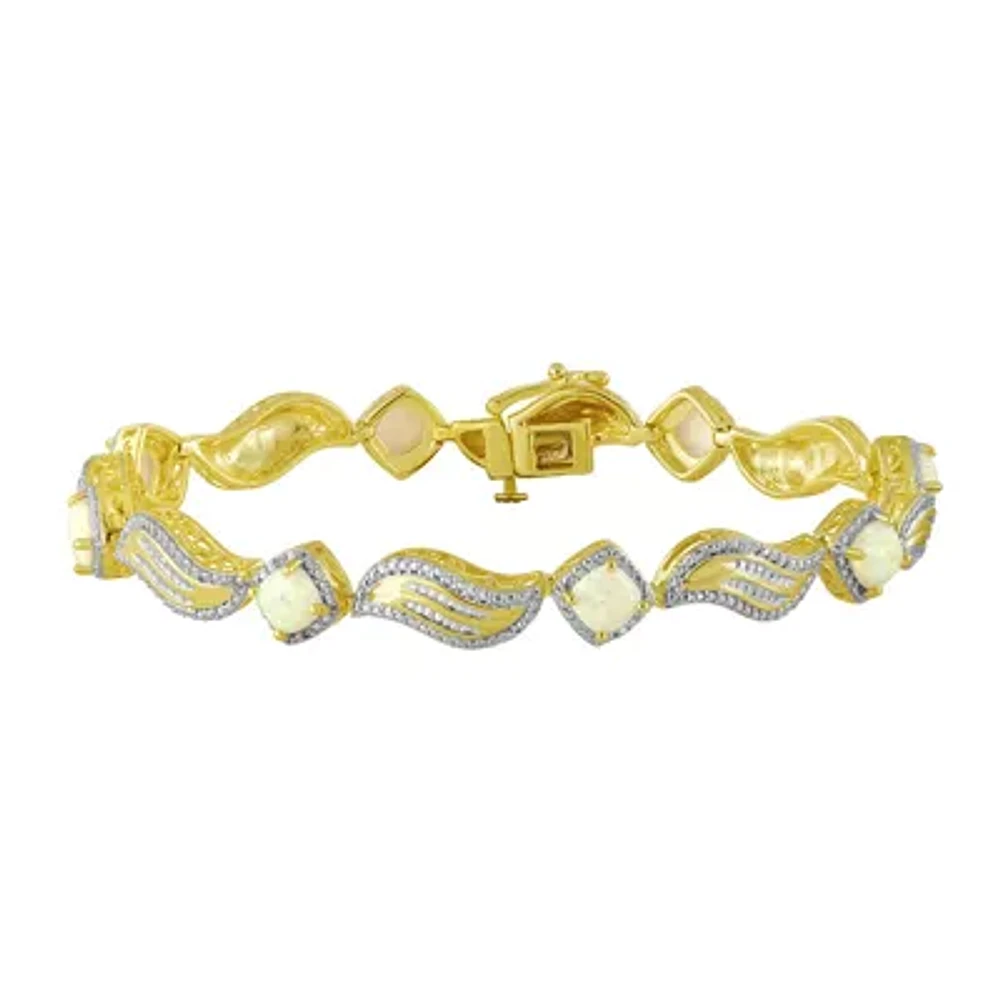 Diamond-Accent and Lab-Created Opal 14K Yellow Gold Over Sterling Silver Bracelet