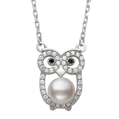 Owl Womens White Cultured Freshwater Pearl Sterling Silver Pendant Necklace