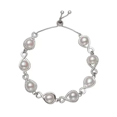 White Cultured Freshwater Pearl Sterling Silver Bolo Bracelet