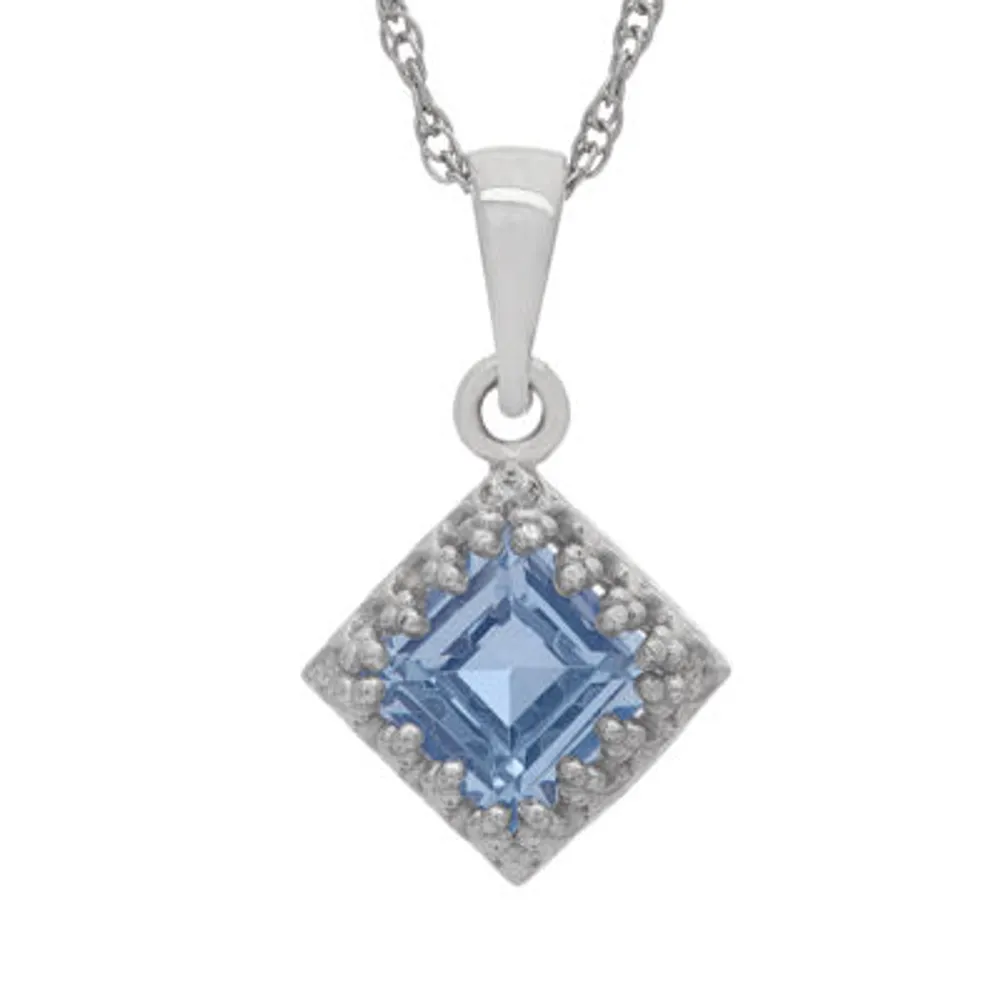 Womens Lab Created Blue Aquamarine Sterling Silver Diamond Pendant Necklace