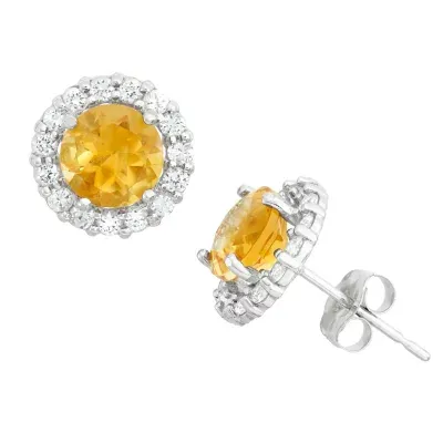 Genuine Yellow Citrine 10K White Gold 9mm Stud Earrings