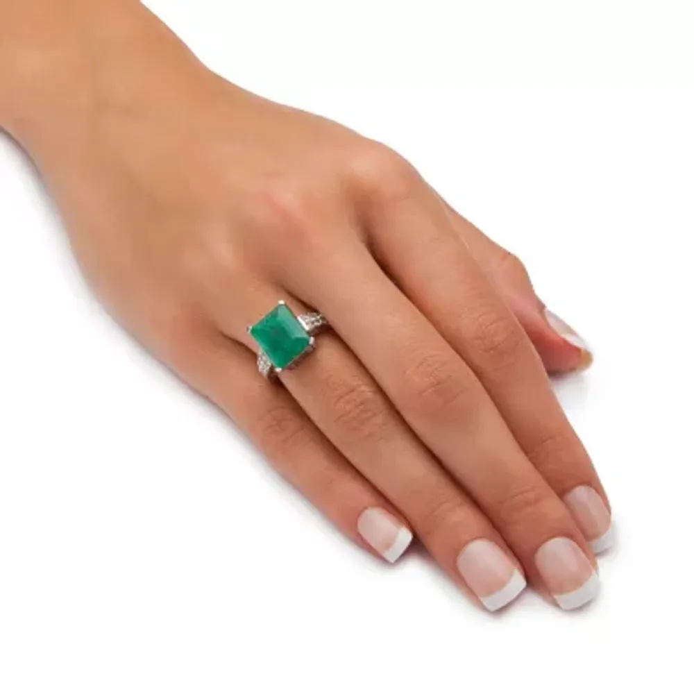 Womens Genuine Green Emerald Sterling Silver Cocktail Ring