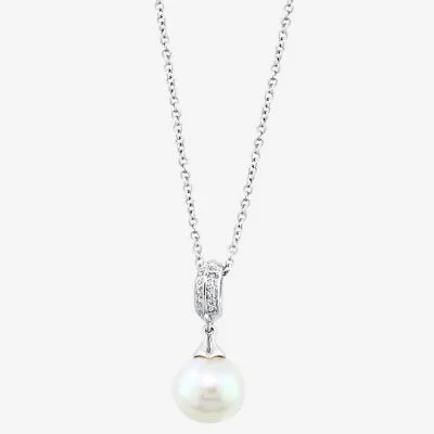 Effy Womens Diamond Accent White Cultured Freshwater Pearl Sterling Silver Pendant Necklace
