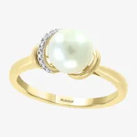 Effy  Womens Diamond Accent 7.5MM White Cultured Freshwater Pearl 14K Gold Over Silver Cocktail Ring