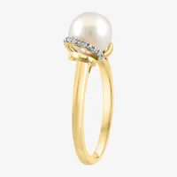 Effy  Womens Diamond Accent 7.5MM White Cultured Freshwater Pearl 14K Gold Over Silver Cocktail Ring