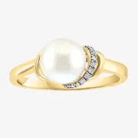 Effy  Womens Diamond Accent 7.5MM White Cultured Freshwater Pearl 14K Gold Over Silver Cocktail Ring