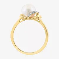 Effy  Womens Diamond Accent 7.5MM White Cultured Freshwater Pearl 14K Gold Over Silver Cocktail Ring