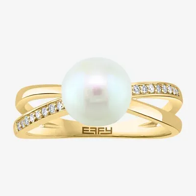 Effy  Womens Diamond Accent 8MM White Cultured Freshwater Pearl 14K Gold Over Silver Cocktail Ring