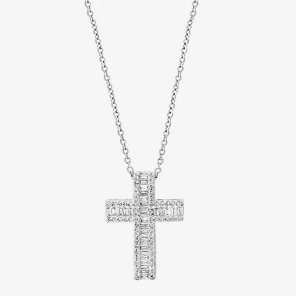Effy Womens 3/8 CT. T.W. Natural Diamond 14K White Gold Cross Pendant Necklace