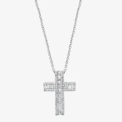 Effy  Womens 3/8 CT. T.W. Natural Diamond 14K White Gold Cross Pendant Necklace