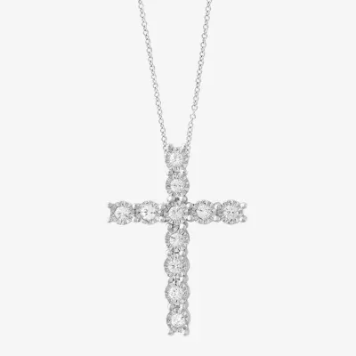 Effy  Womens 1/5 CT. T.W. Mined Diamond Sterling Silver Cross Pendant Necklace