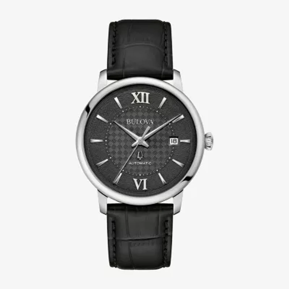 Bulova Automatic Mens Automatic Black Leather Strap Watch 96b441