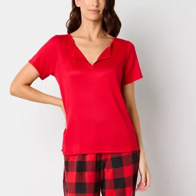 Sleep Chic Womens Rib Short Sleeve Y Neck Pajama Top