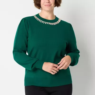 Liz Claiborne Womens Crew Neck Embellished Long Sleeve Pullover Sweater
