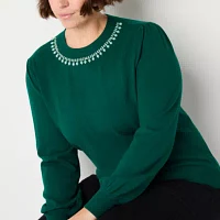 Liz Claiborne Womens Crew Neck Embellished Long Sleeve Pullover Sweater