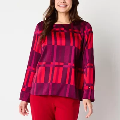 Liz Claiborne Womens Crew Neck Long Sleeve Satin Blouse