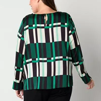 Liz Claiborne Plus Womens Round Neck Long Sleeve Satin Adaptive Easy-on + Easy-off Blouse