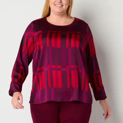 Liz Claiborne Plus Womens Round Neck Long Sleeve Satin Adaptive Easy-on + Easy-off Blouse