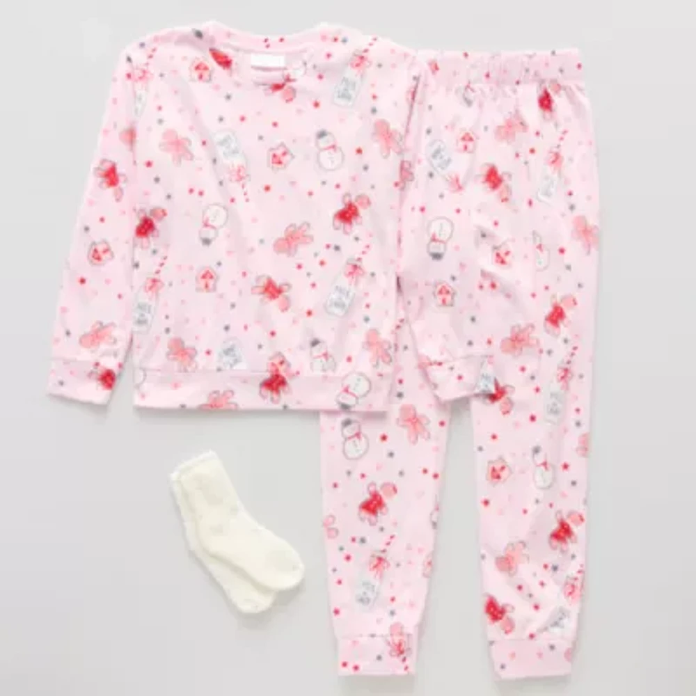 Girls Fleece Round Neck Long Sleeve 3-pc. Pajama Sets