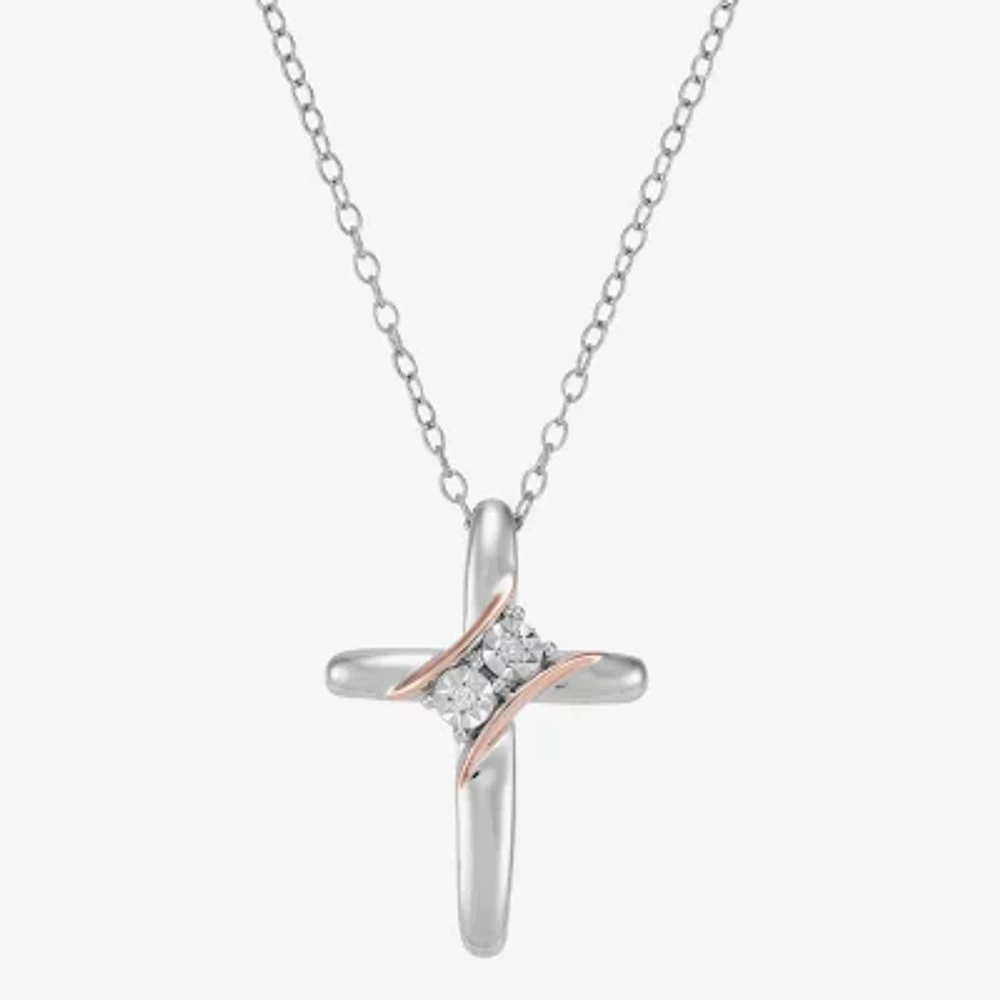 Womens Diamond Accent Natural White Diamond 14K Rose Gold Over Silver Sterling Silver Cross Pendant Necklace