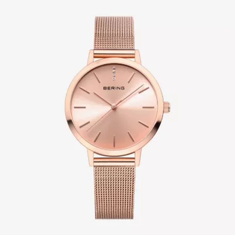 Bering Womens Rose Goldtone Crystal Accent Mesh Bracelet Watch-13434-366