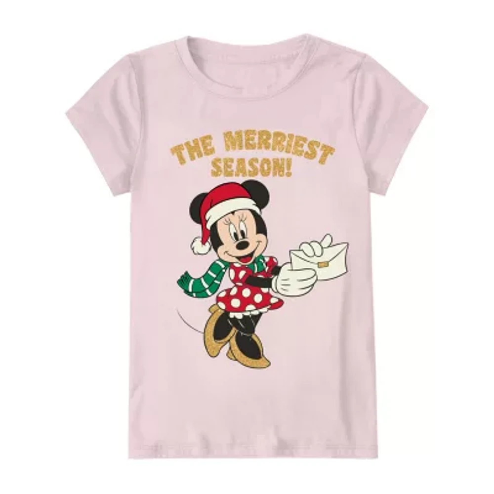 Disney Collection Little & Big Girls Crew Neck Short Sleeve Minnie Mouse Holiday Graphic T-Shirt