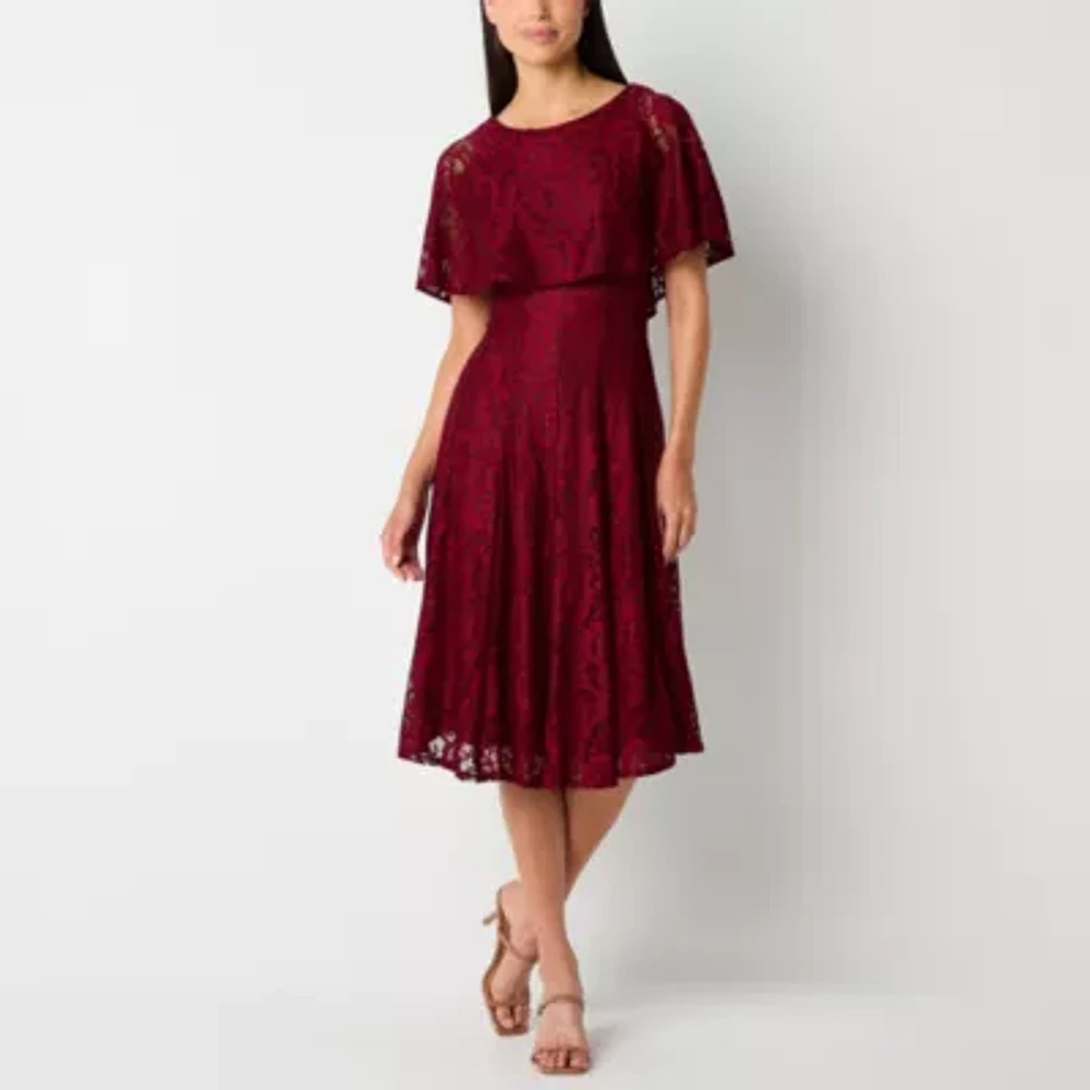 Danny & Nicole Womens Short Sleeve Lace Midi Fit and Flare Dress