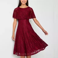 Danny & Nicole Womens Short Sleeve Lace Midi Fit and Flare Dress