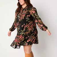 Maia Womens Long Sleeve Floral Shift Dress Plus