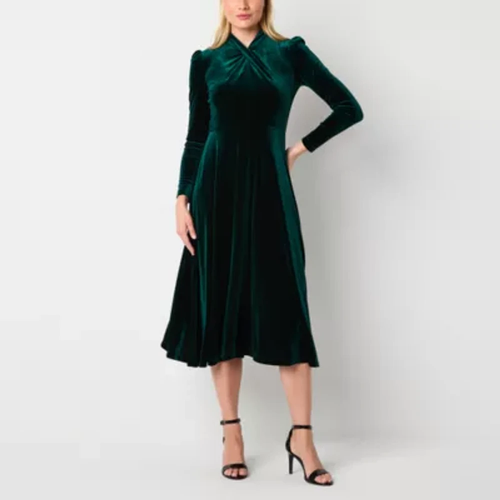 Danny & Nicole Velvet Womens Long Sleeve Midi Fit + Flare Dress