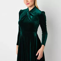 Danny & Nicole Velvet Womens Long Sleeve Midi Fit + Flare Dress