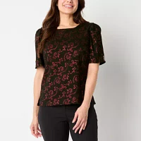 Liz Claiborne Jacquard Womens Square Neck Short Sleeve Blouse