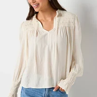 a.n.a Womens Shine Split Tie Neck Long Sleeve Blouse