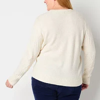 St. John's Bay Plus Womens Crew Neck Long Sleeve Cable Knit Pullover Sweater