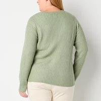 St. John's Bay Plus Womens V Neck Long Sleeve Cable Knit Pullover Sweater