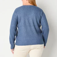 St. John's Bay Plus Womens V Neck Long Sleeve Cable Knit Pullover Sweater