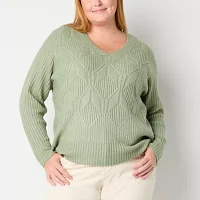 St. John's Bay Plus Womens V Neck Long Sleeve Cable Knit Pullover Sweater