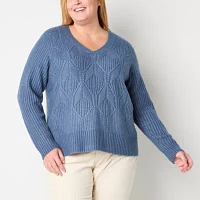 St. John's Bay Plus Womens V Neck Long Sleeve Cable Knit Pullover Sweater