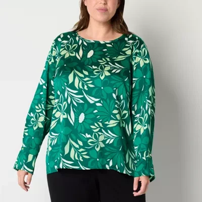 Liz Claiborne Plus Womens Round Neck Long Sleeve Satin Blouse