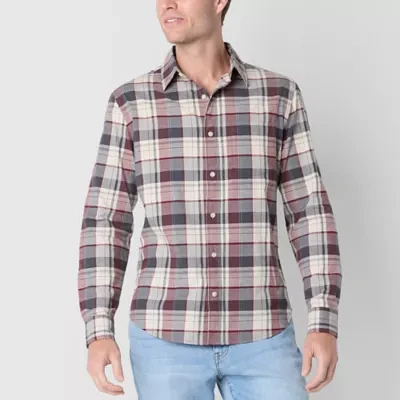 mutual weave Mens Easy-on + Easy-off Regular Fit Long Sleeve Plaid Button-Down Shirt